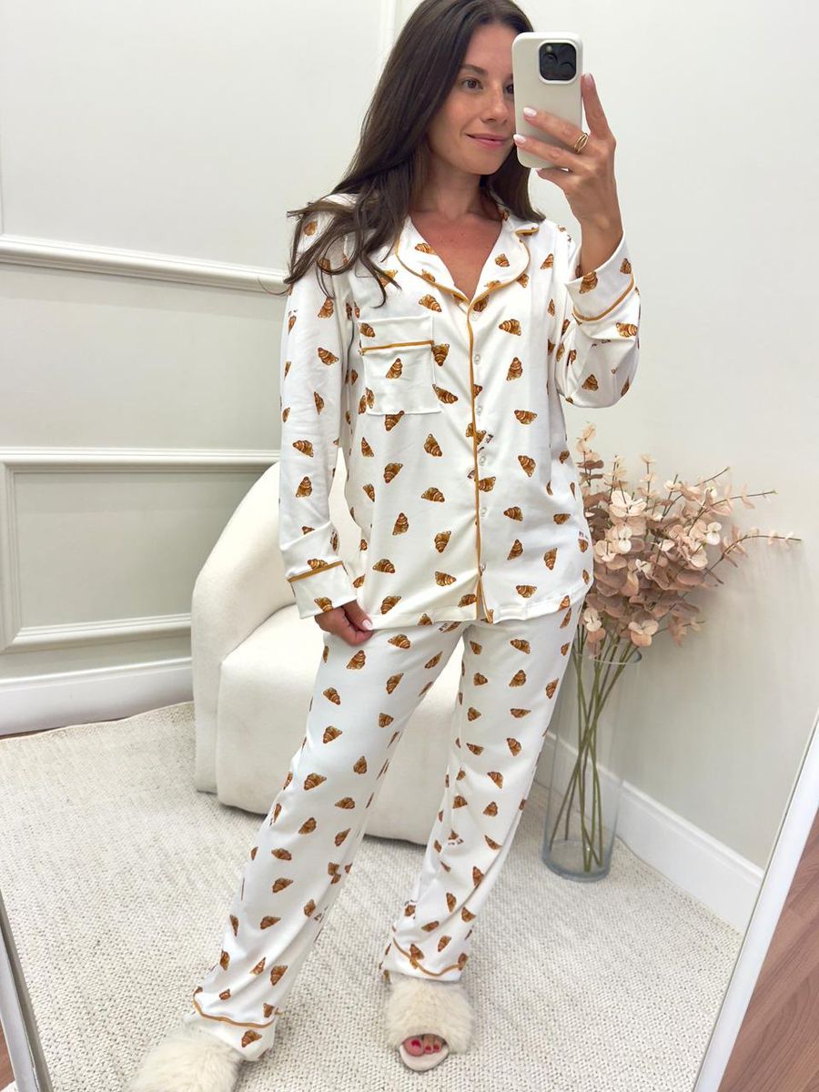 Pijama Feminino Americano Longo Croissant Branco 3