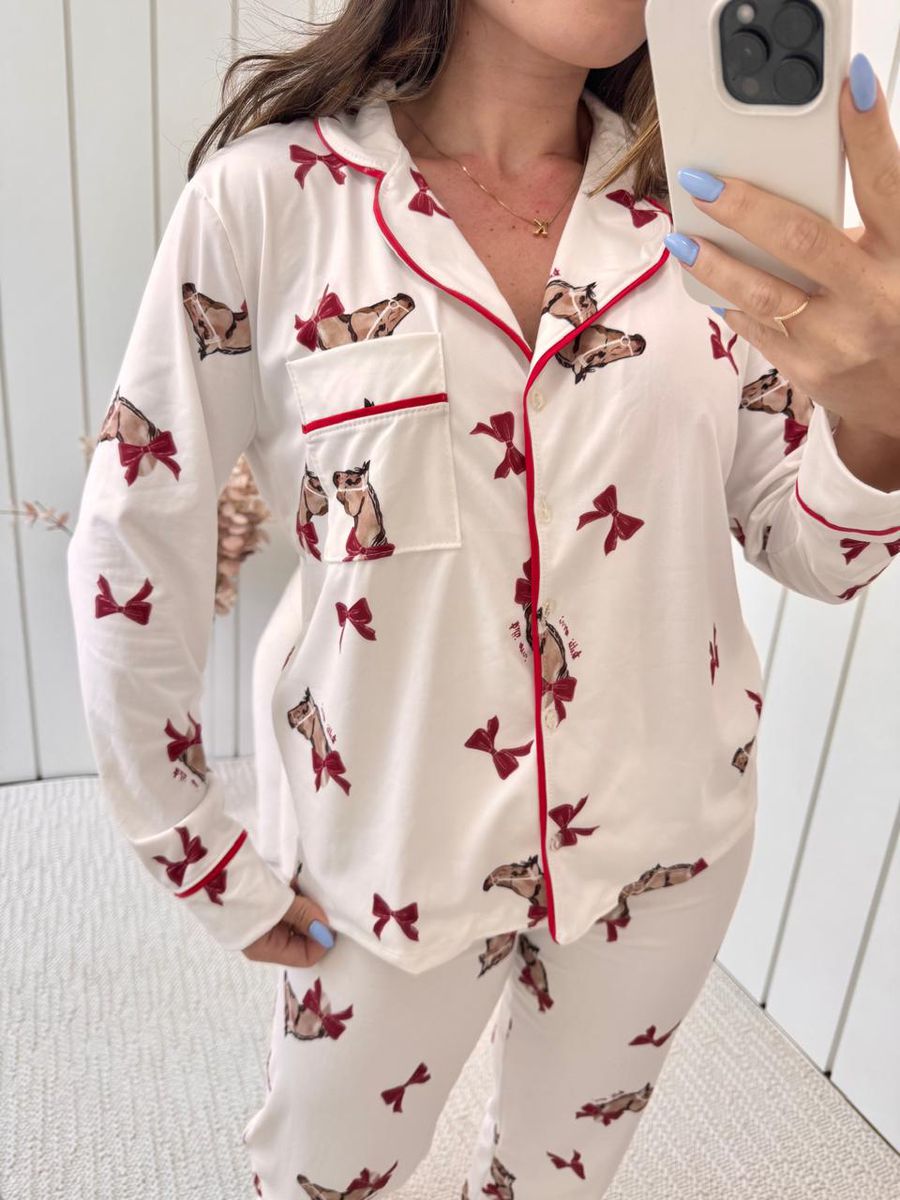 Pijama Feminino Americano Longo Laços Cavalos