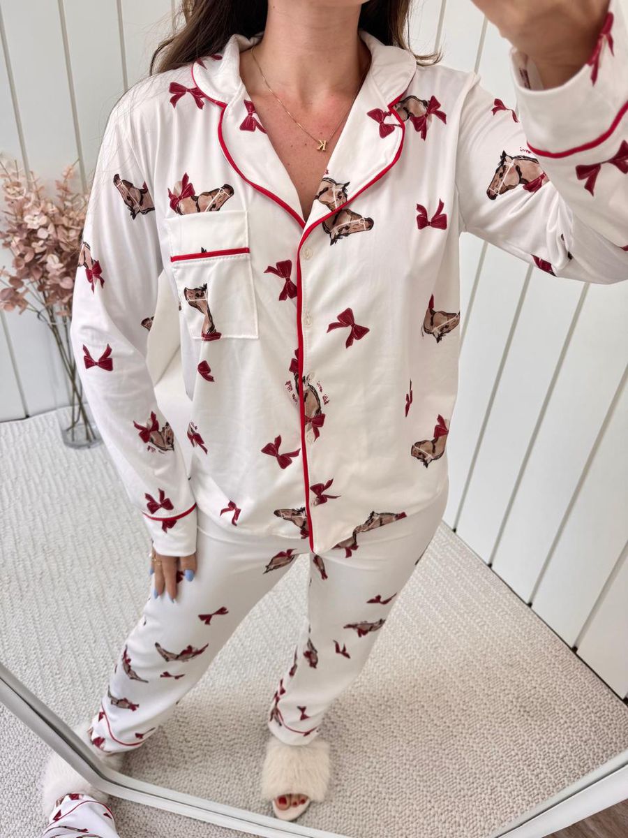Pijama Feminino Americano Longo Laços Cavalos
