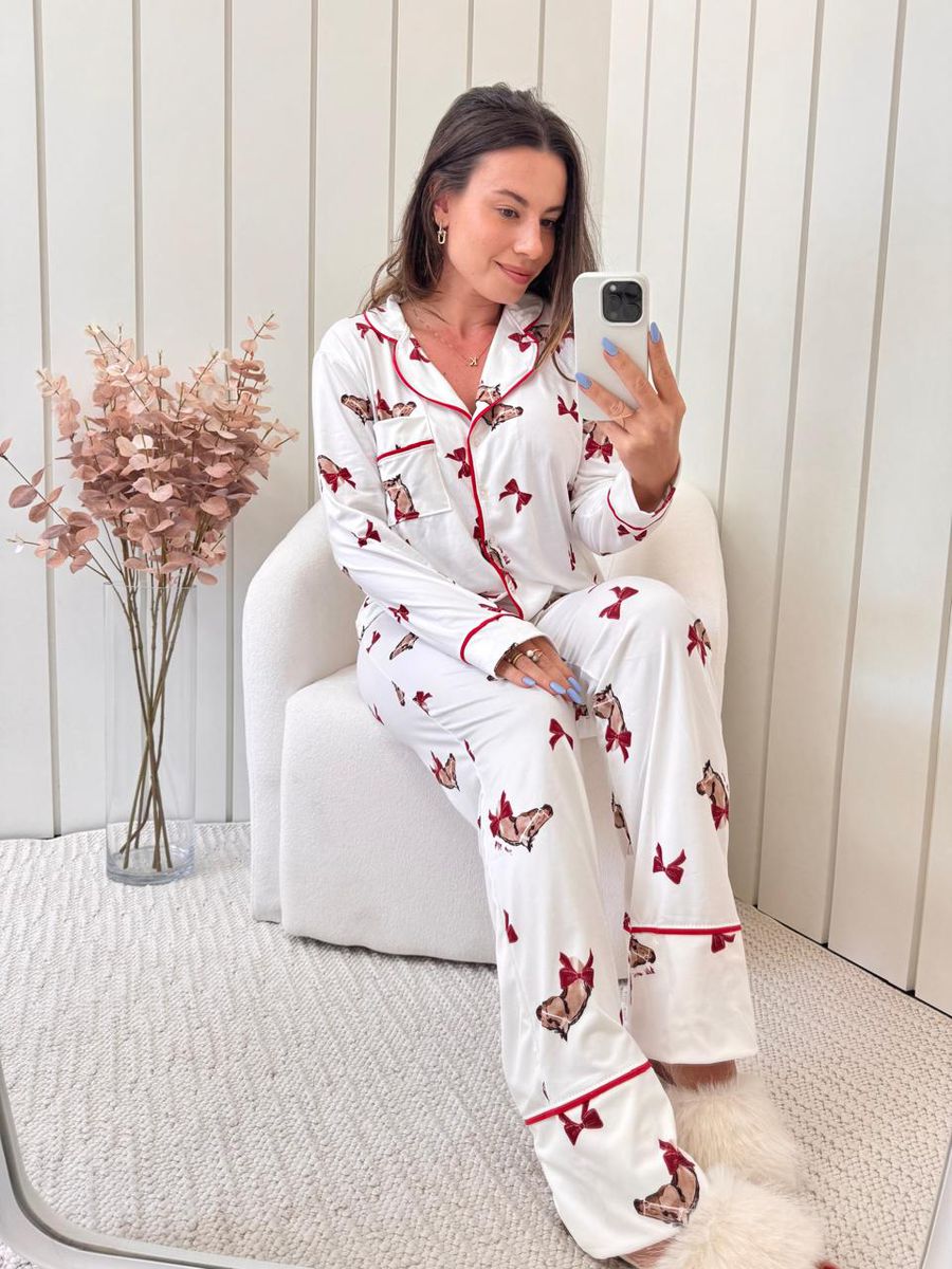 Pijama Feminino Americano Longo Laços Cavalos