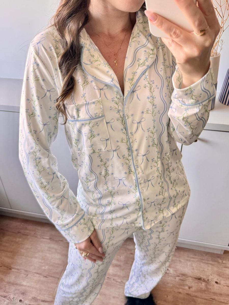 Pijama Feminino Americano Longo Laços e Flores 