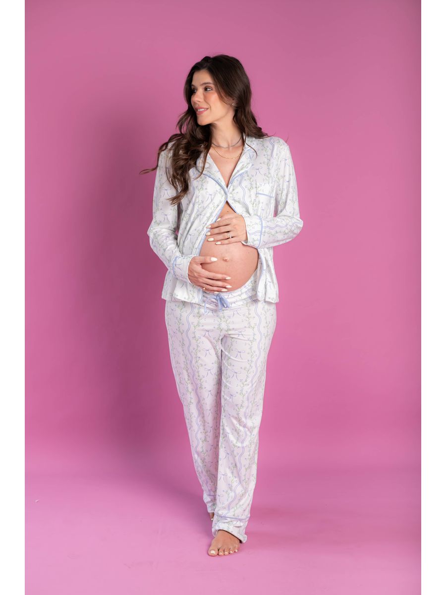 Pijama Feminino Americano Longo Laços e Flores 