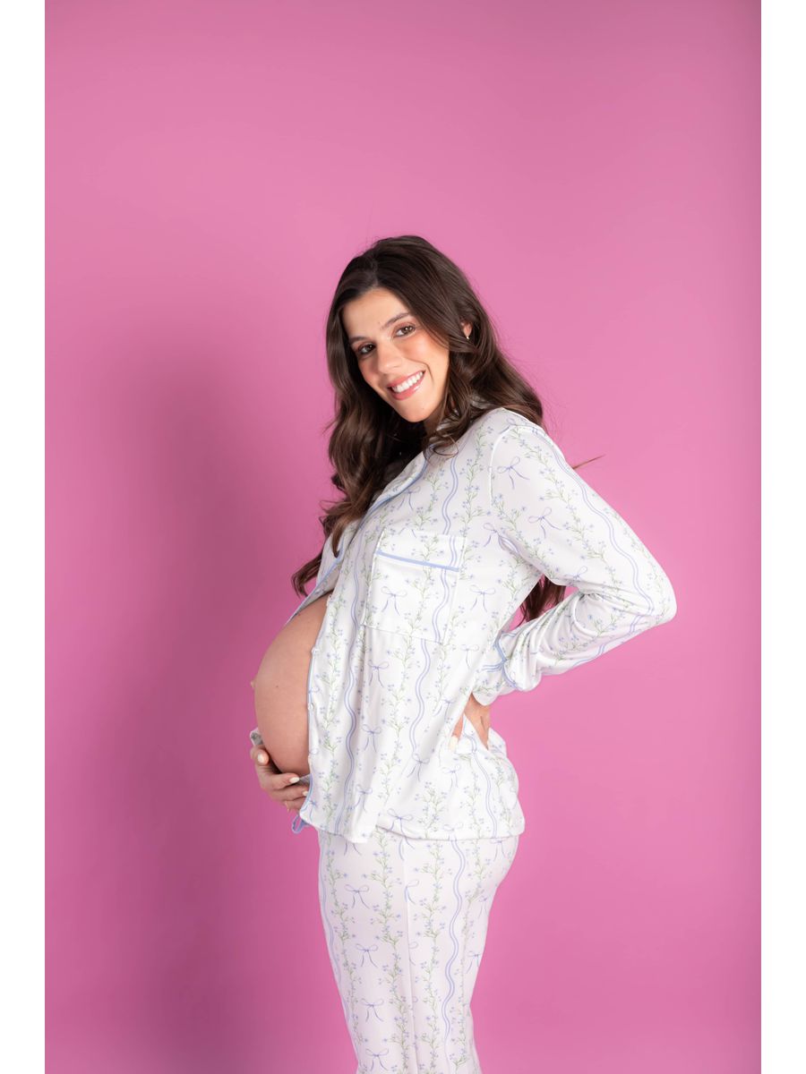 Pijama Feminino Americano Longo Laços e Flores 