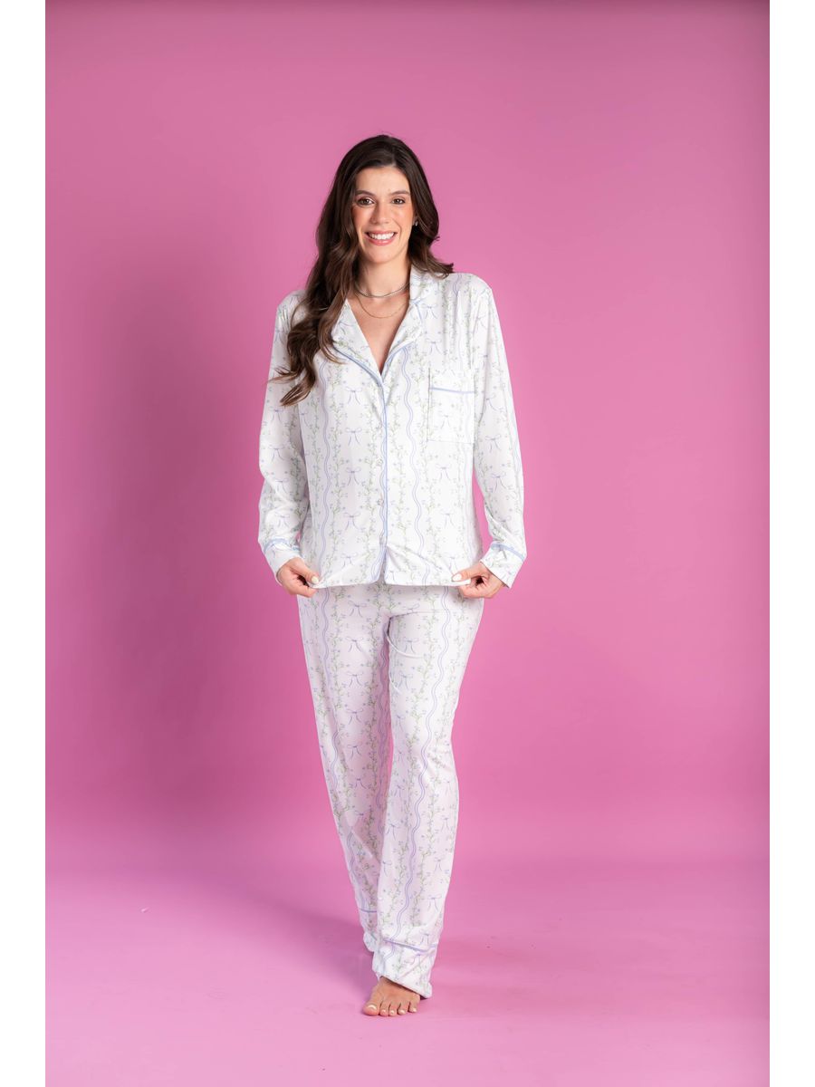 Pijama Feminino Americano Longo Laços e Flores 