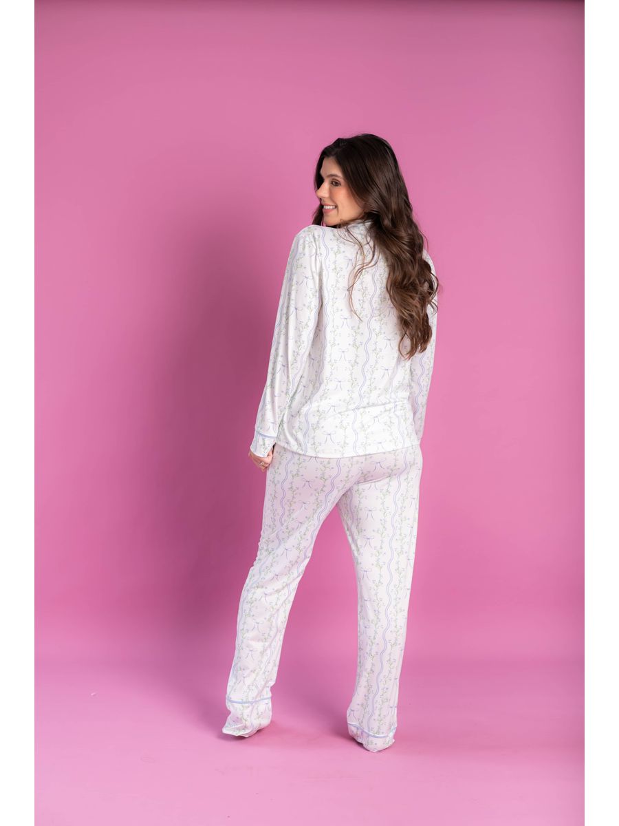 Pijama Feminino Americano Longo Laços e Flores 