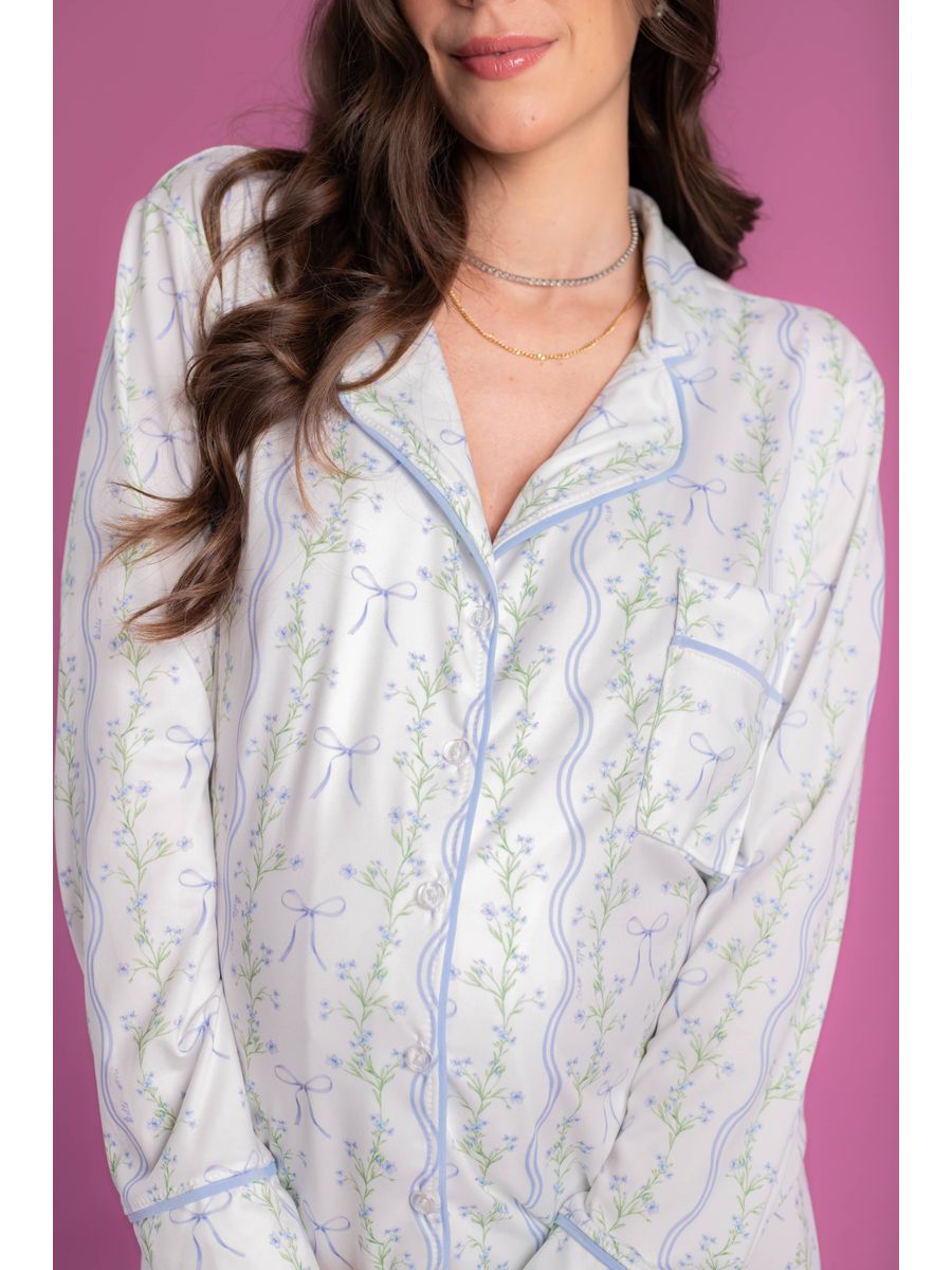Pijama Feminino Americano Longo Laços e Flores 