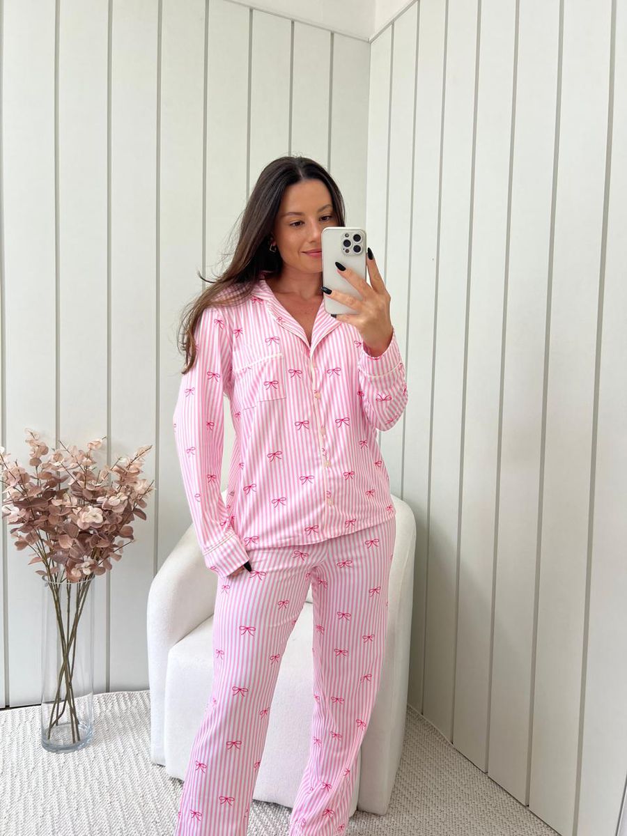 Pijama Feminino Americano Longo Laços Rosa