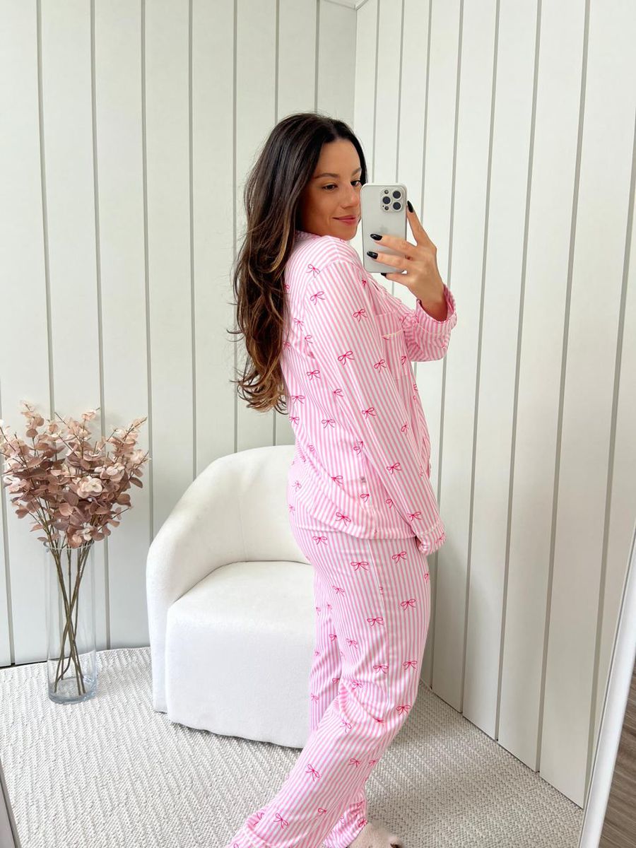 Pijama Feminino Americano Longo Laços Rosa