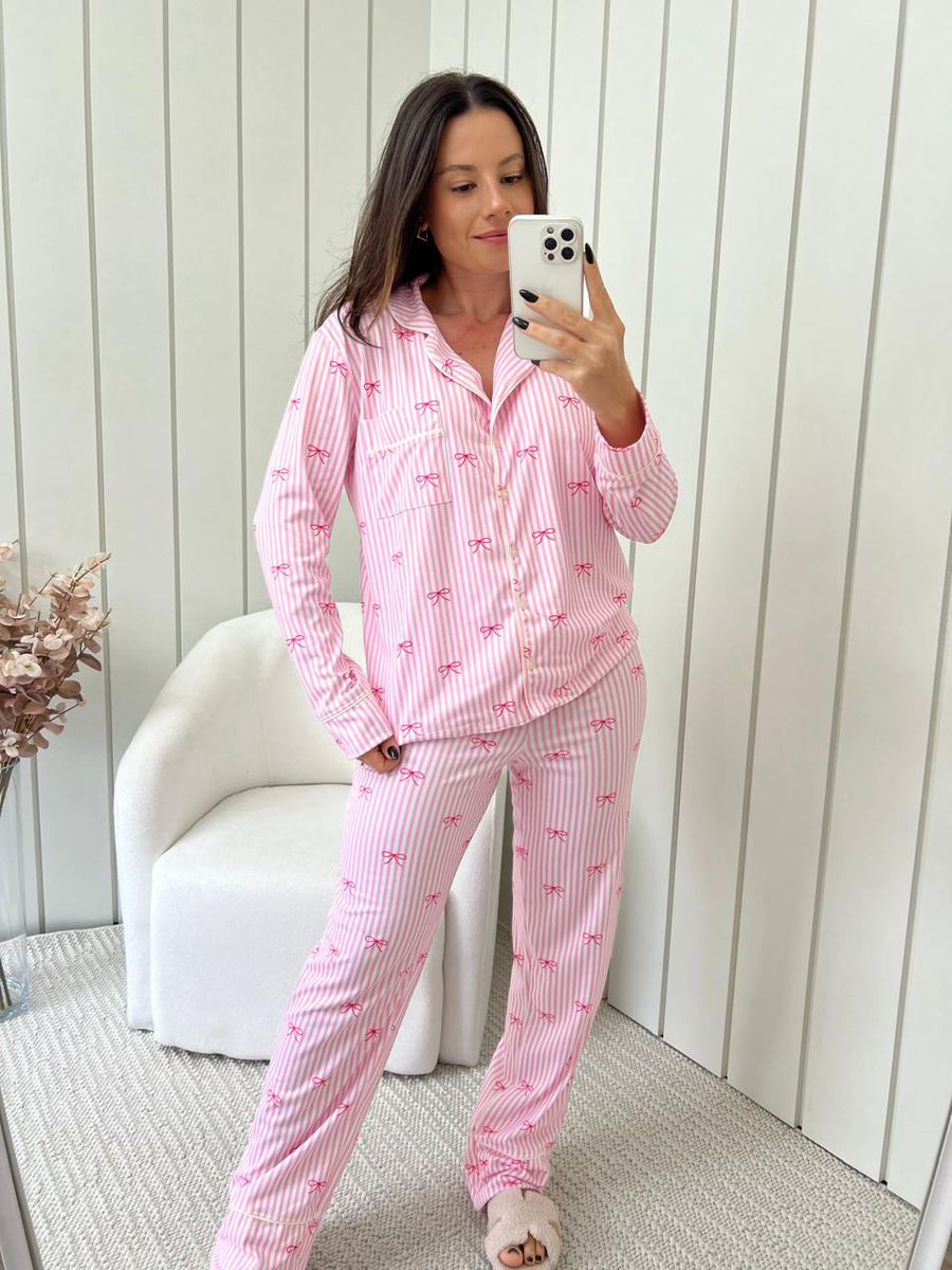 Pijama Feminino Americano Longo Laços Rosa