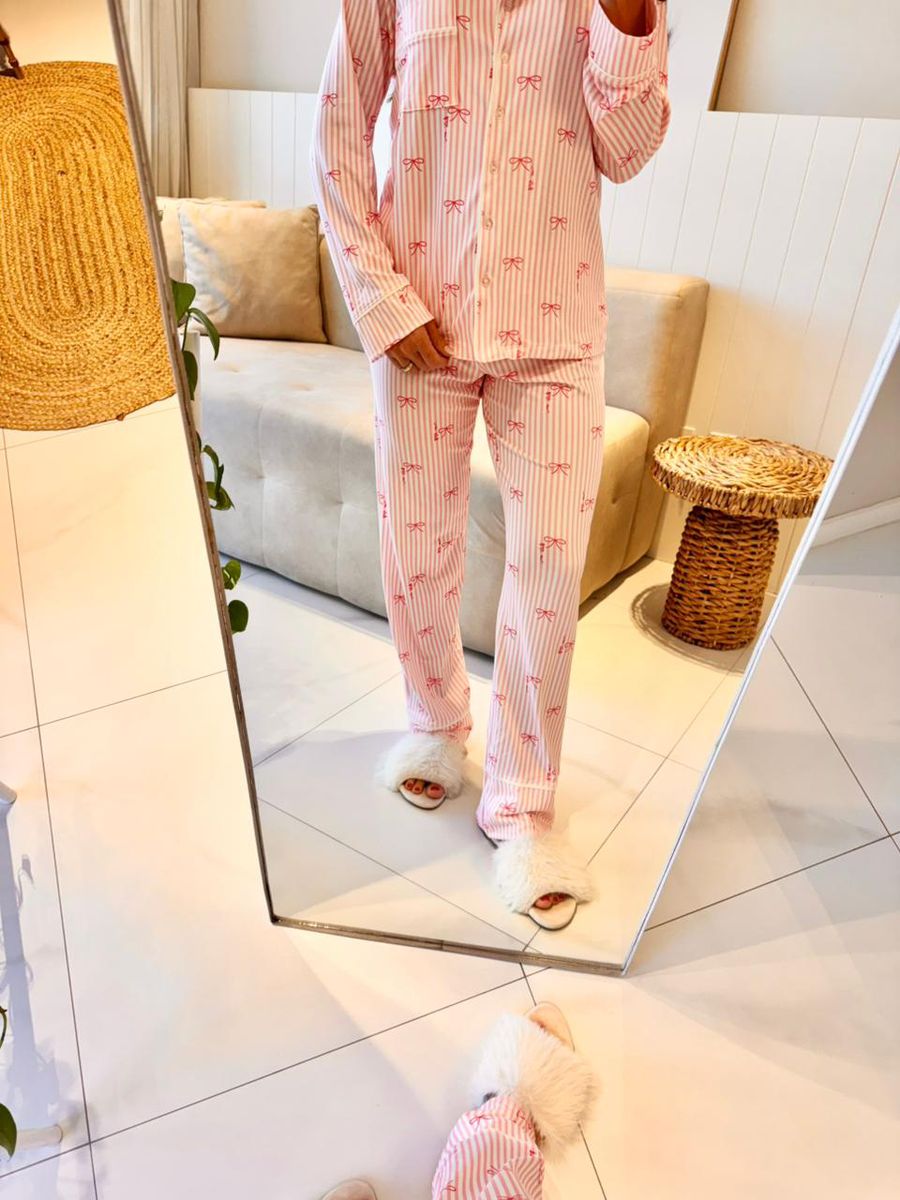Pijama Feminino Americano Longo Laços Rosa 10
