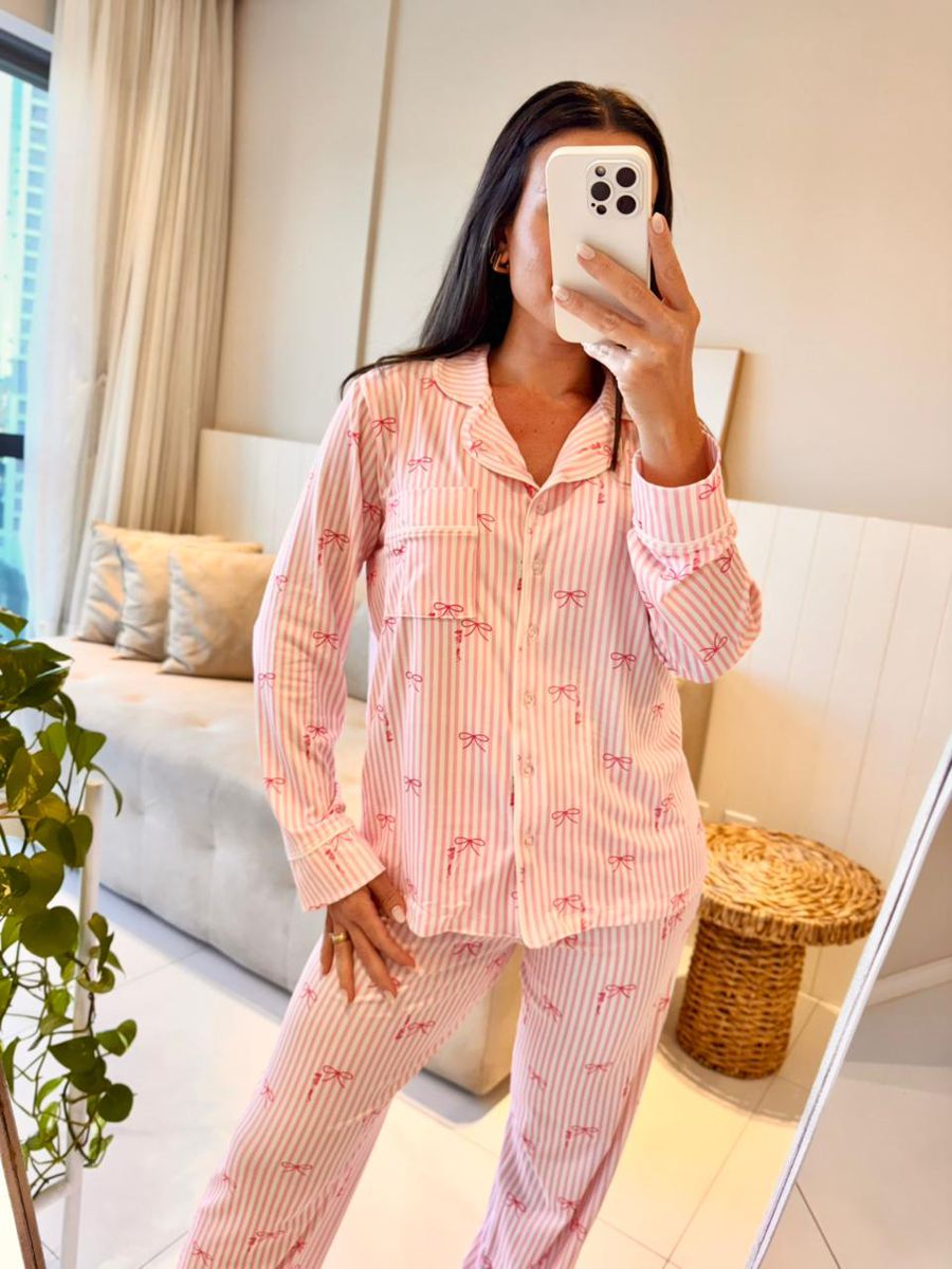 Pijama Feminino Americano Longo Laços Rosa 8