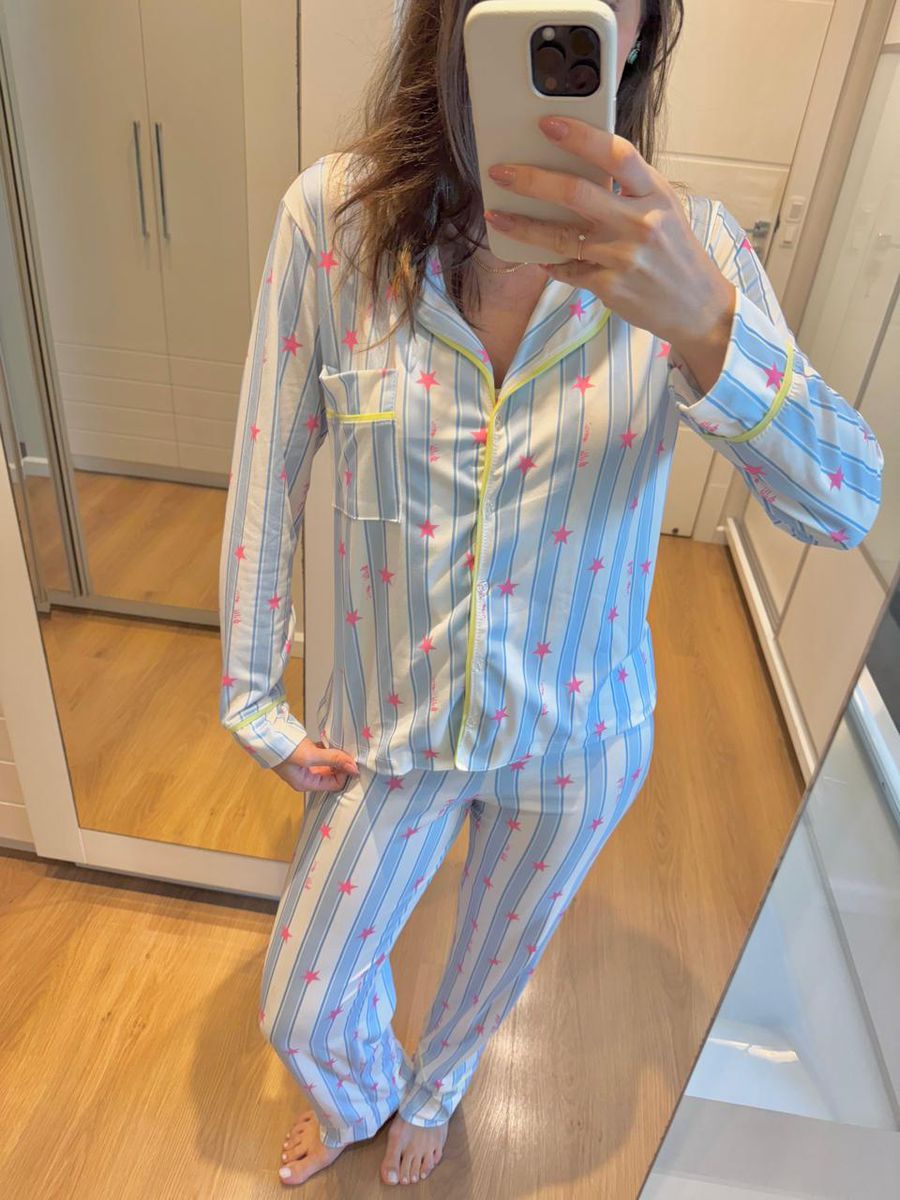 Pijama Feminino Americano Longo Listrado Estrelas
