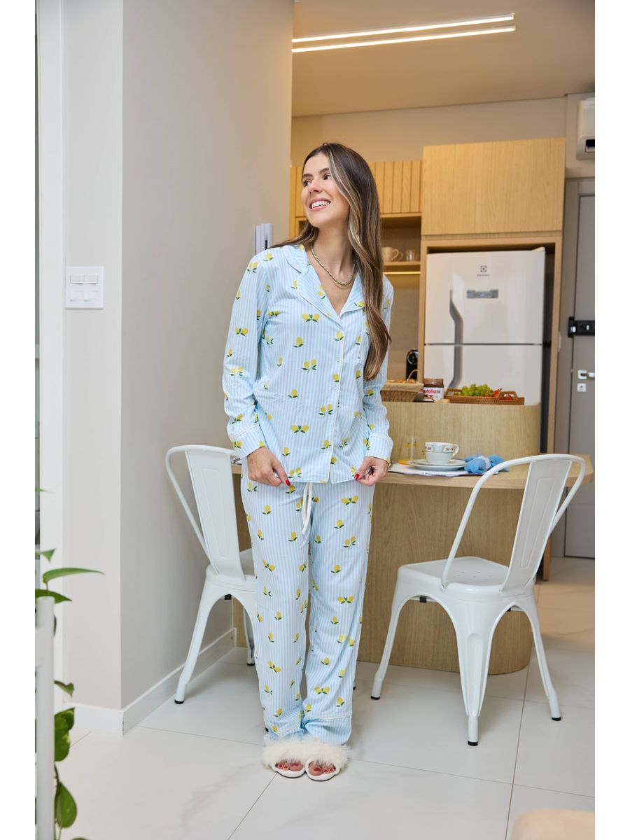 Pijama Feminino Americano Longo Listrado Limão 3