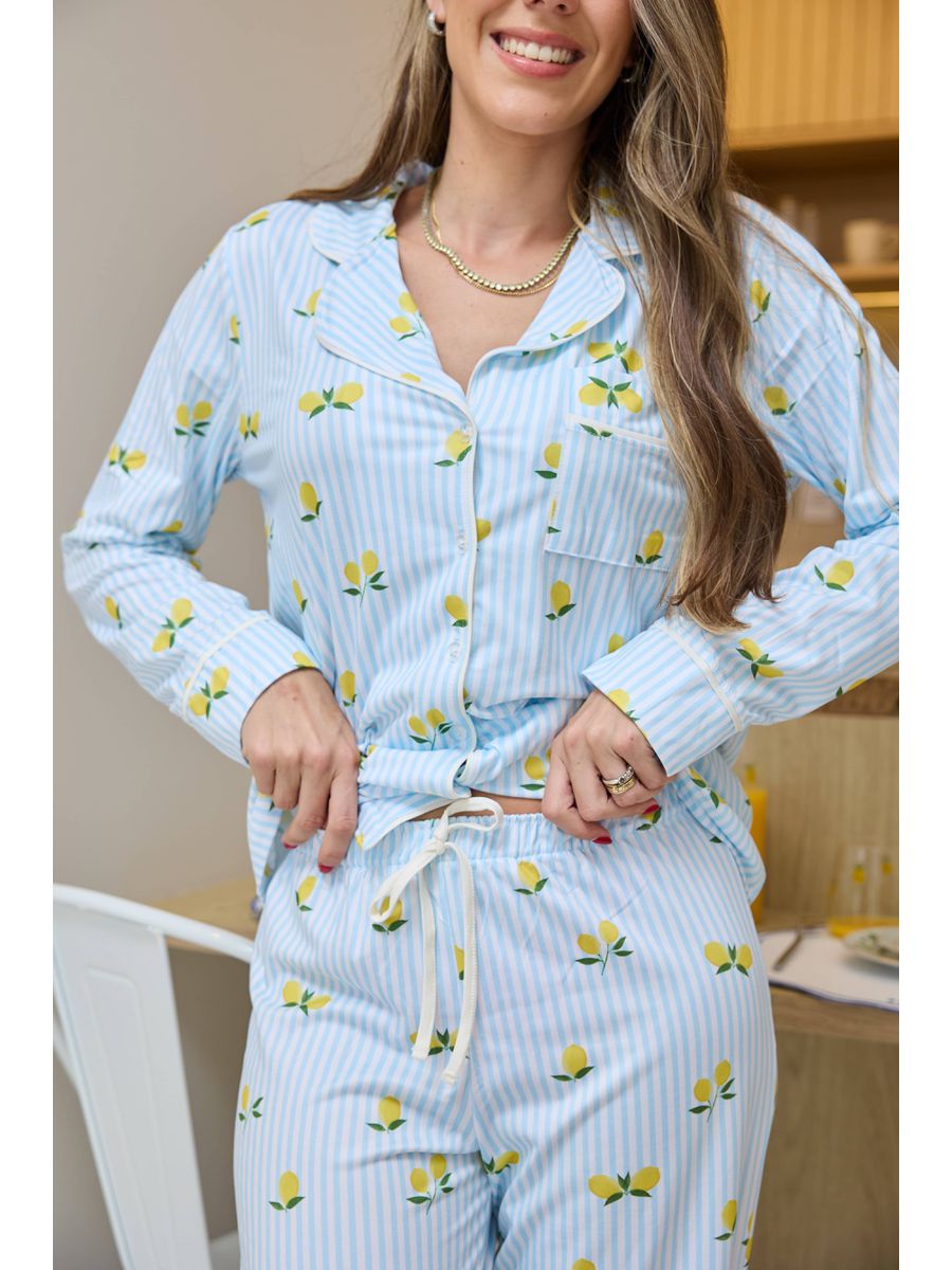 Pijama Feminino Americano Longo Listrado Limão 6