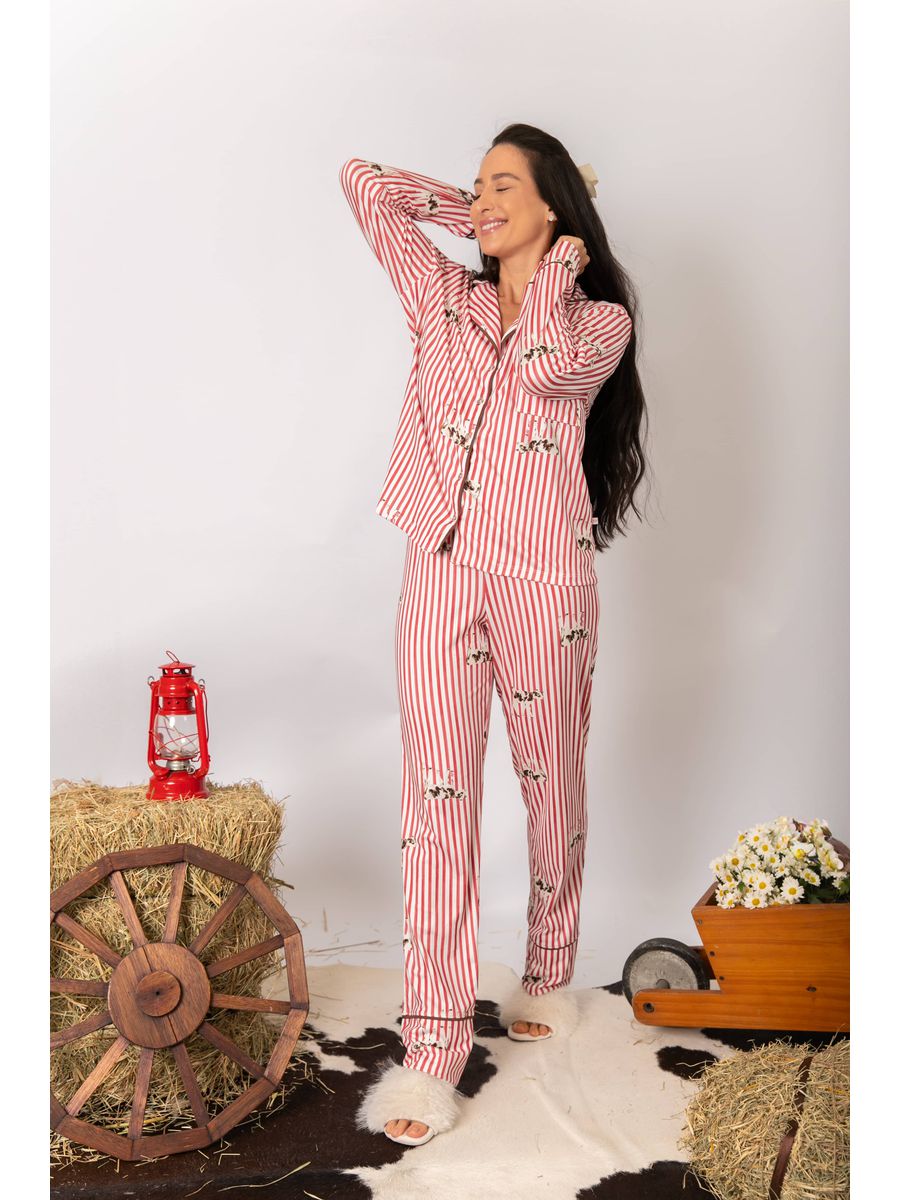 Pijama Feminino Americano Longo Listrado Vacas