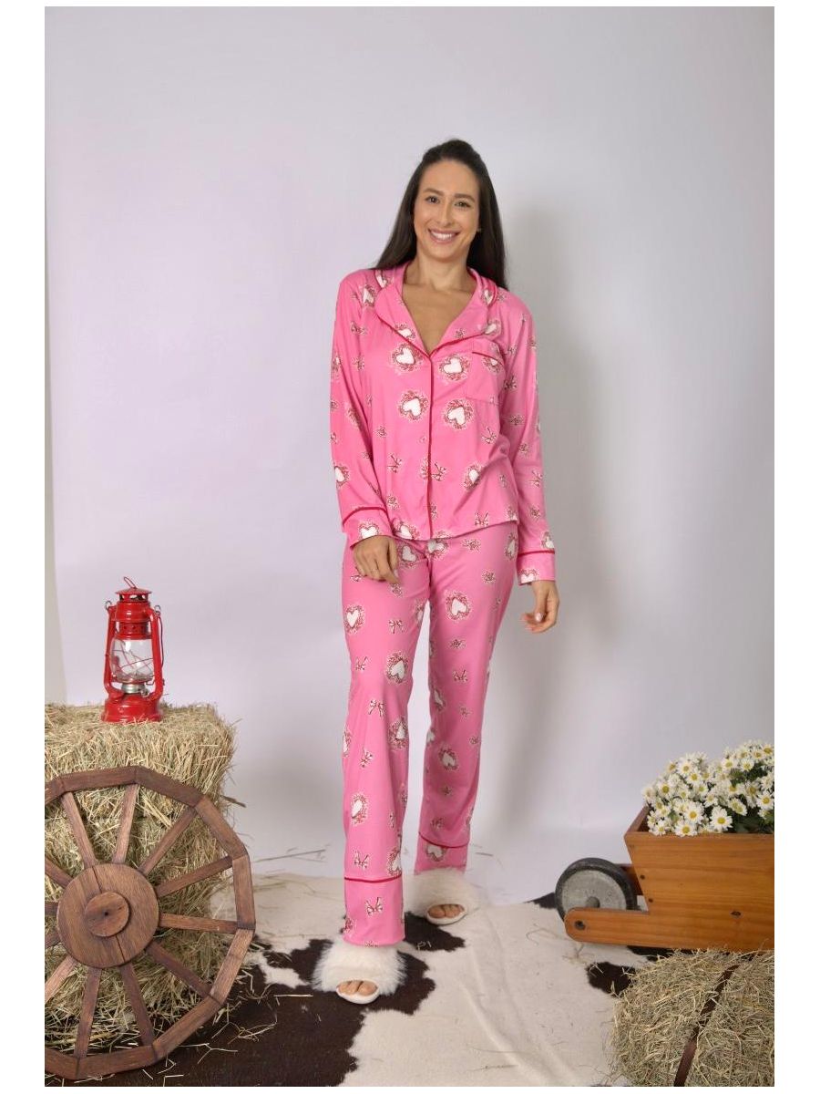 Pijama Feminino Americano Longo Rosa Corações