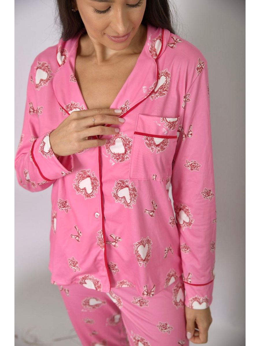 Pijama Feminino Americano Longo Rosa Corações