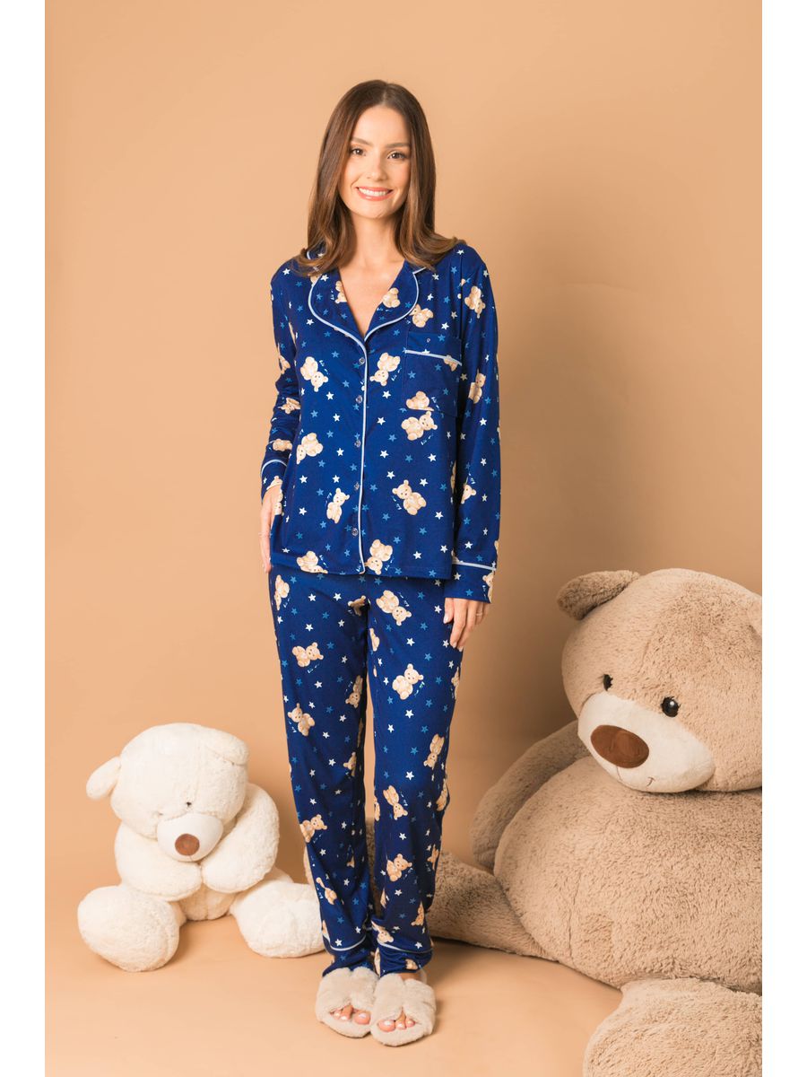 Pijama Feminino Americano Longo Ursos Estrelas
