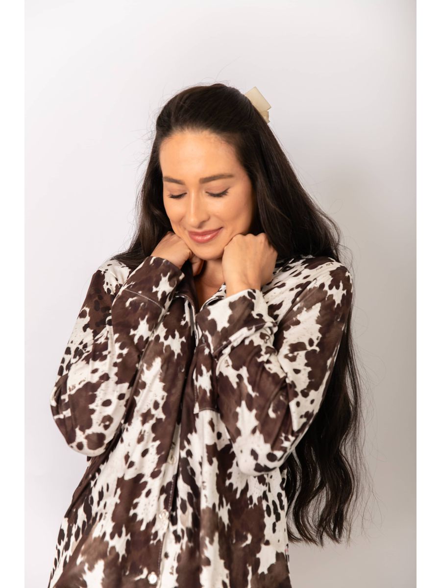 Pijama Feminino Americano Longo Vaca Animal Print