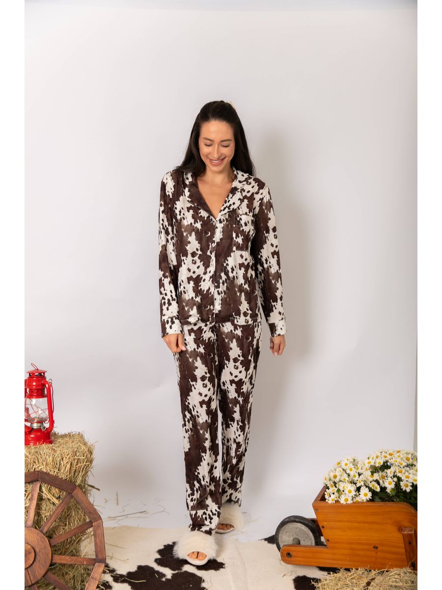 Pijama Feminino Americano Longo Vaca Animal Print