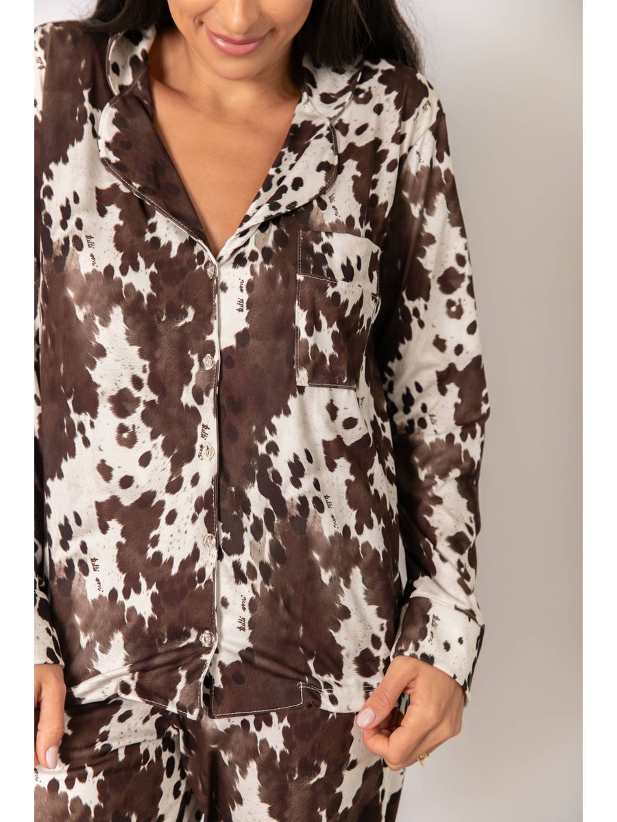 Pijama Feminino Americano Longo Vaca Animal Print