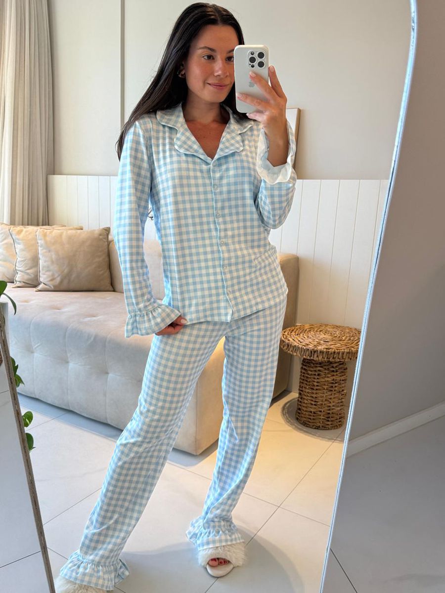 Pijama Feminino Americano Longo Vichy Azul Babados 1