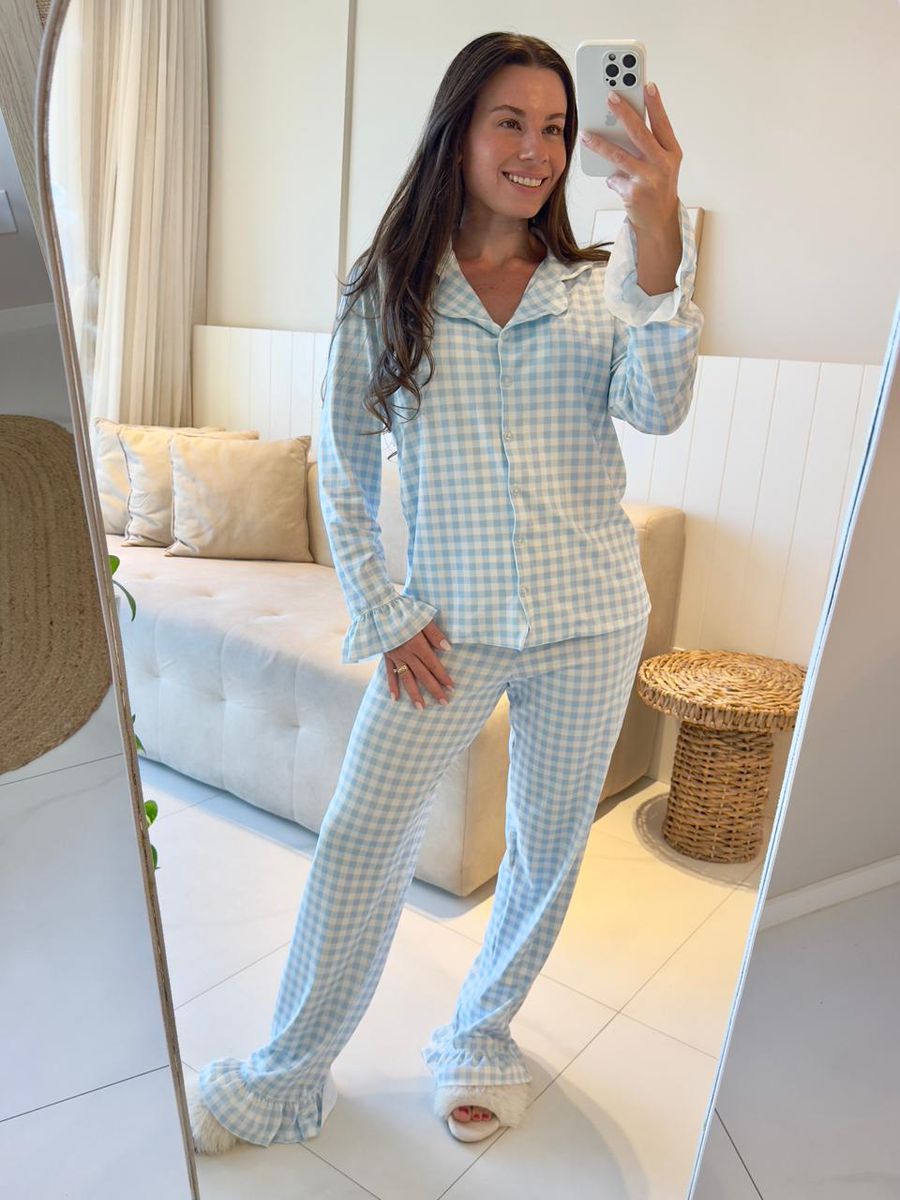 Pijama Feminino Americano Longo Vichy Azul Babados 5