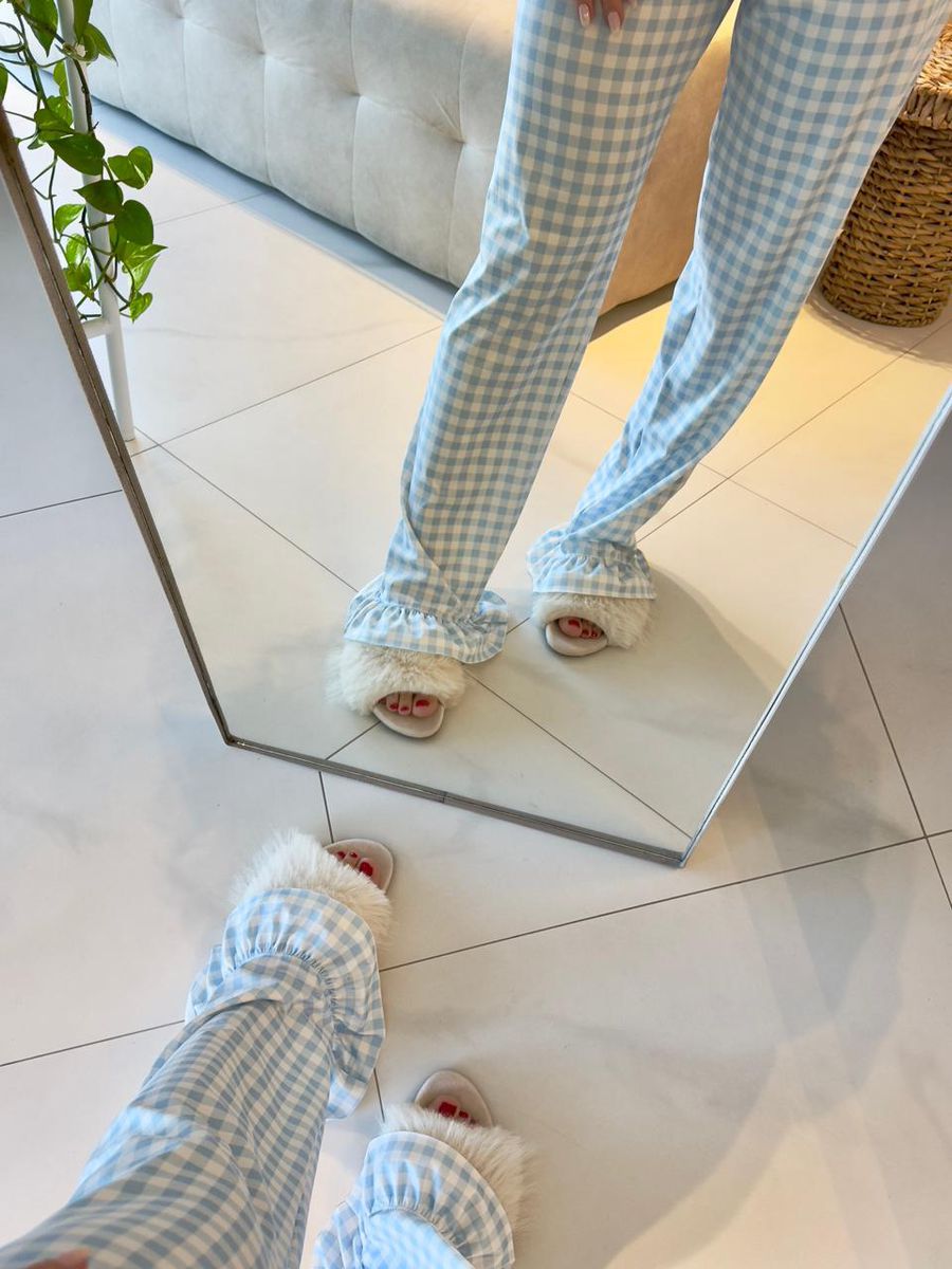 Pijama Feminino Americano Longo Vichy Azul Babados 4