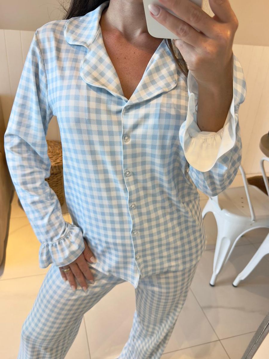 Pijama Feminino Americano Longo Vichy Azul Babados 3