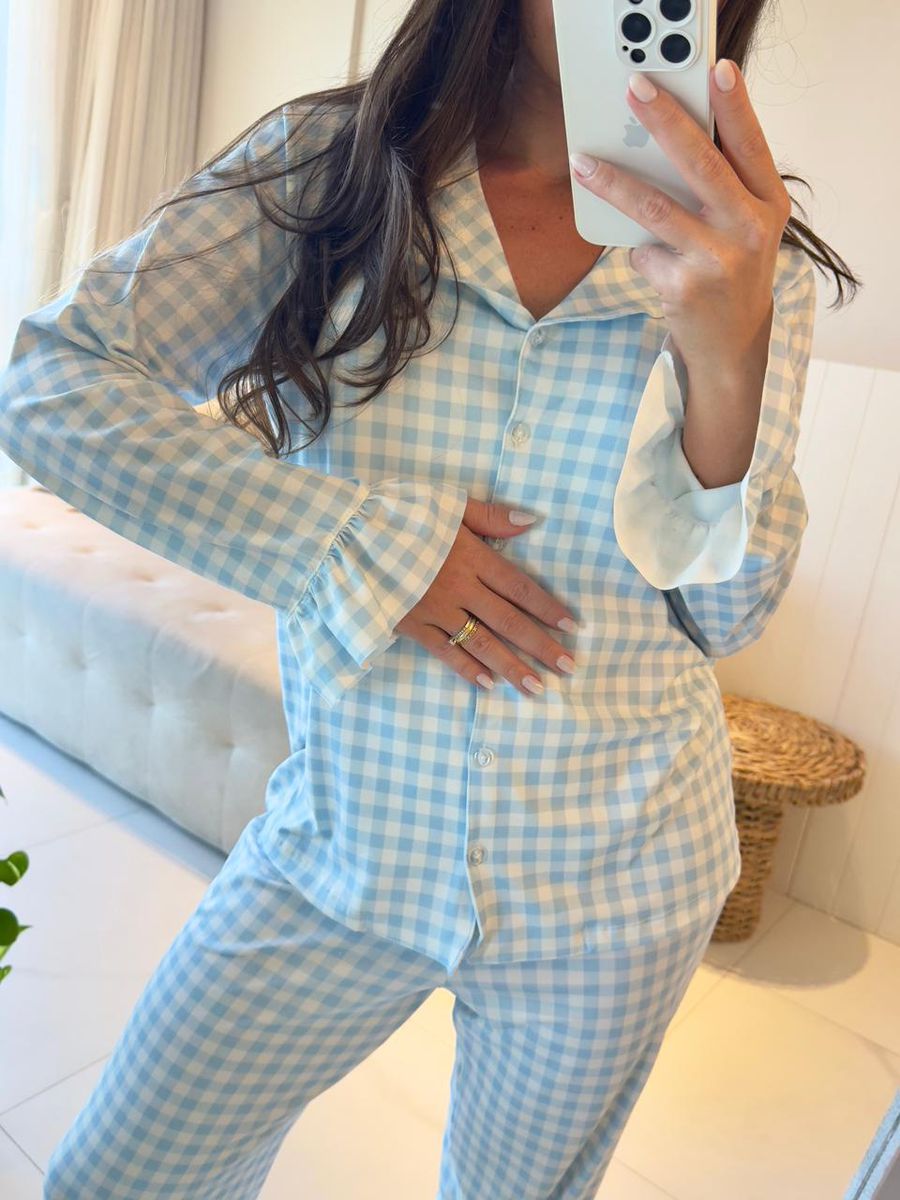 Pijama Feminino Americano Longo Vichy Azul Babados 2
