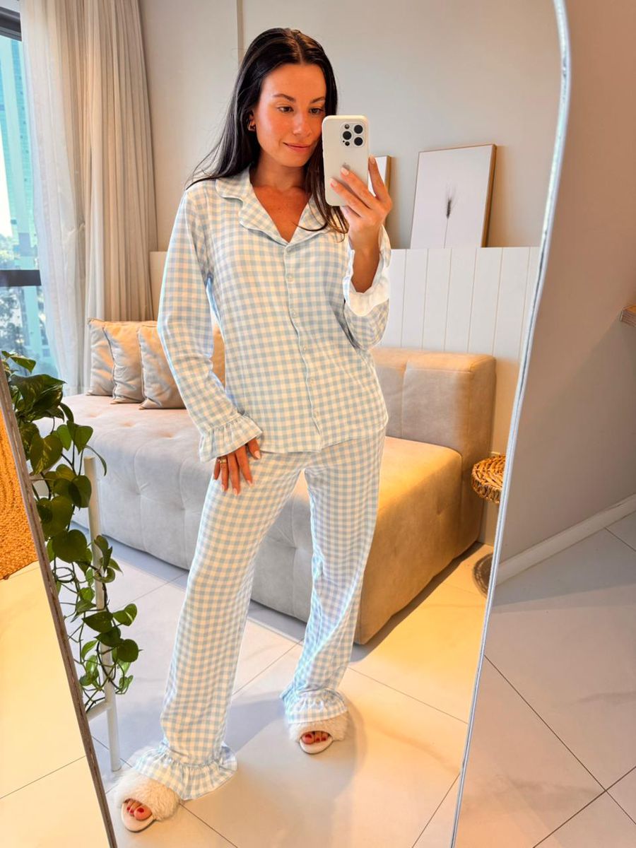 Pijama Feminino Americano Longo Vichy Azul Babados 7