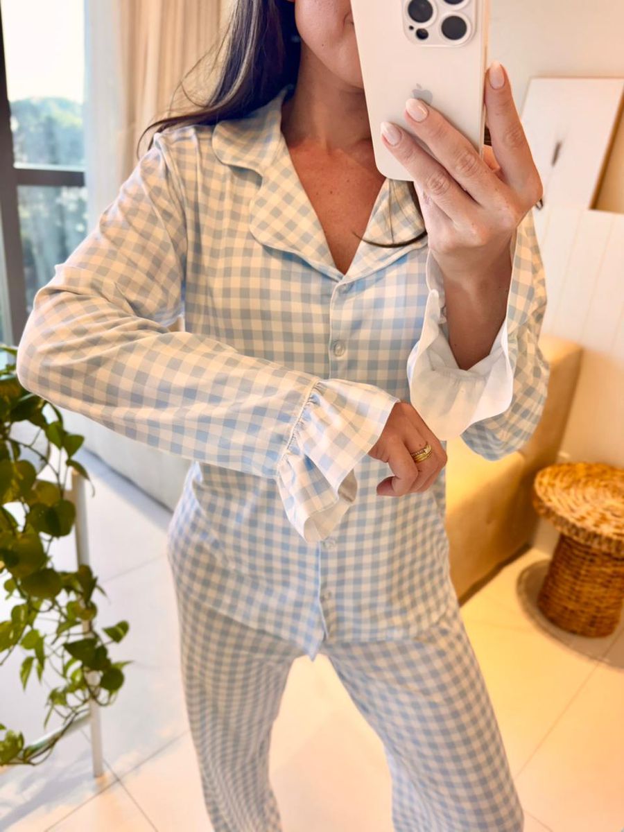 Pijama Feminino Americano Longo Vichy Azul Babados 6