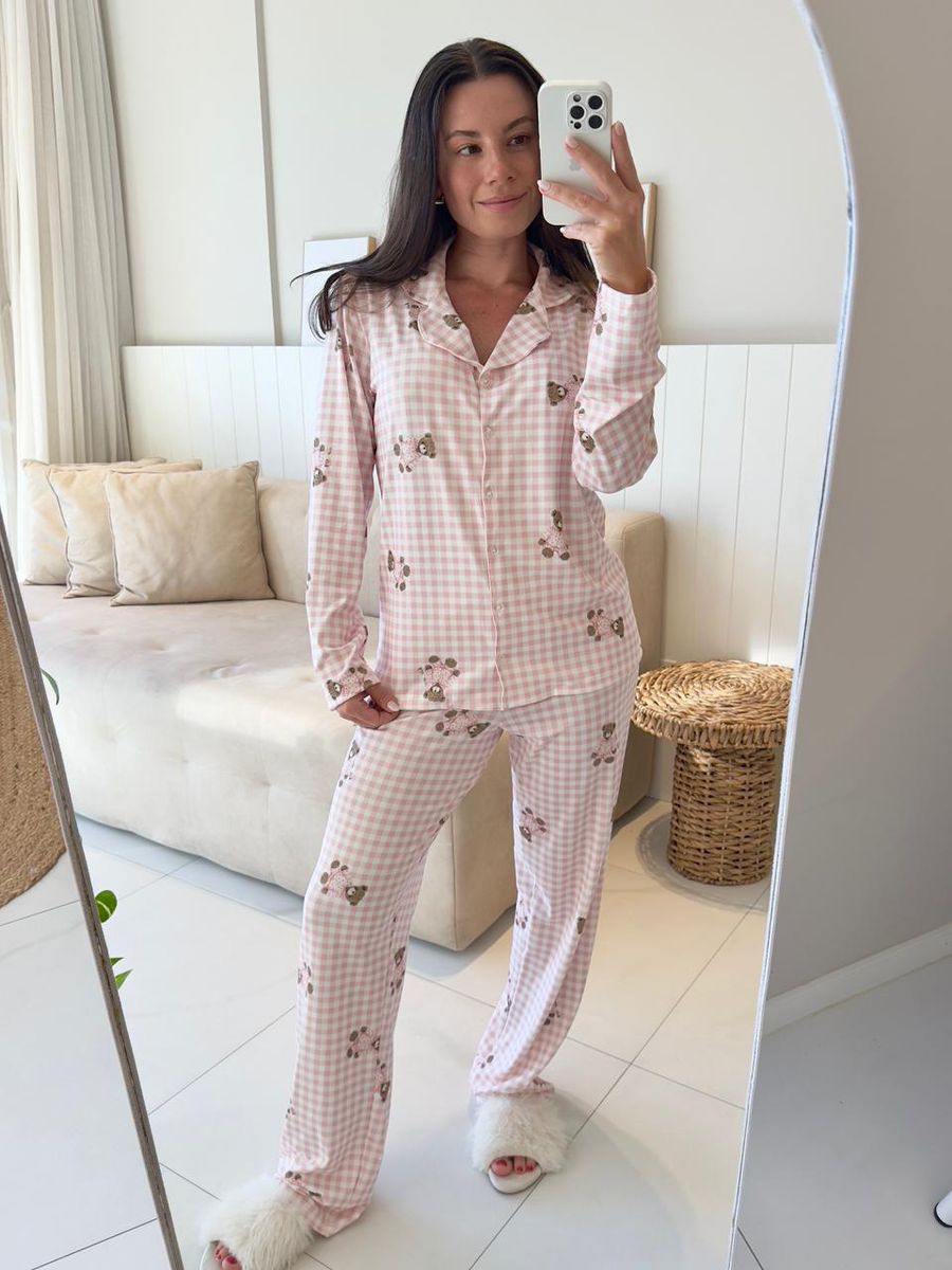 Pijama Feminino Americano Longo Vichy Ursos Rosa 8