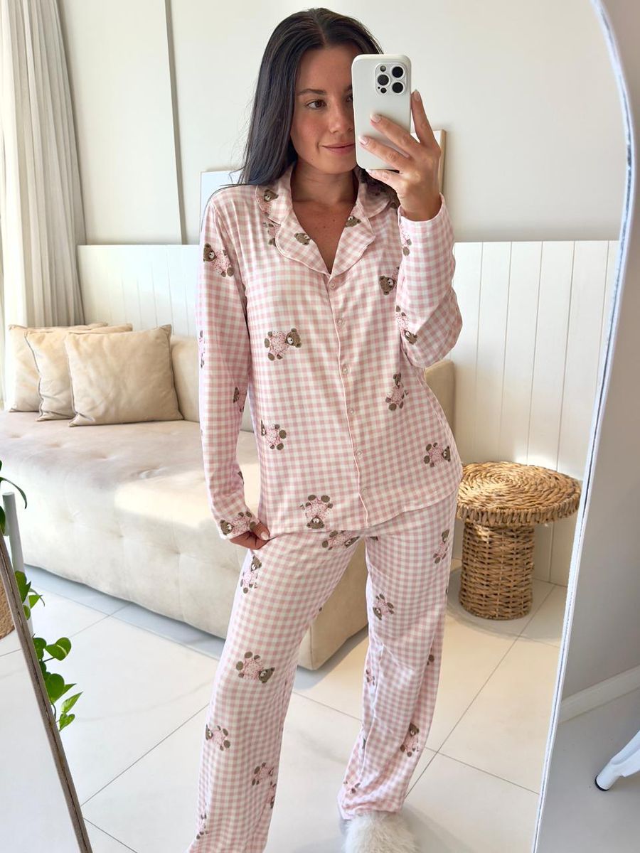 Pijama Feminino Americano Longo Vichy Ursos Rosa 1