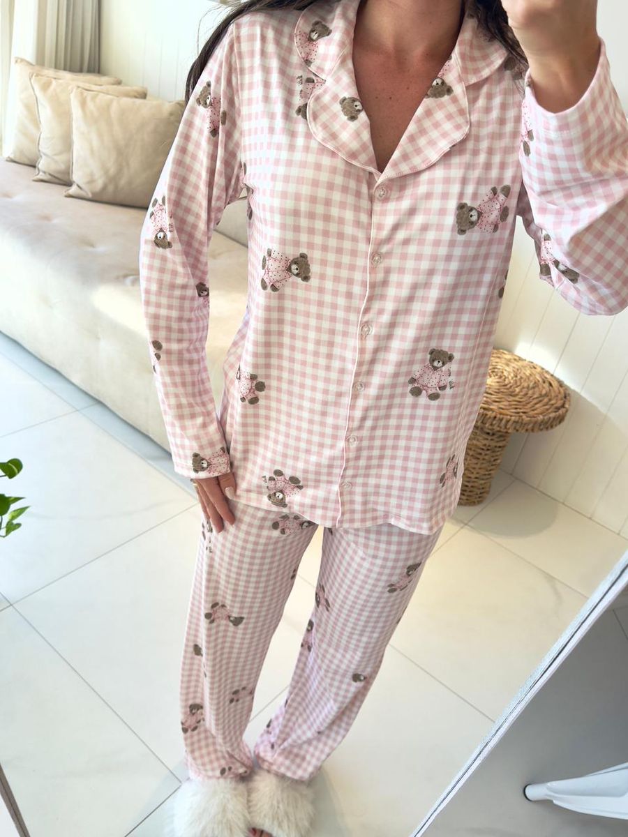 Pijama Feminino Americano Longo Vichy Ursos Rosa 5