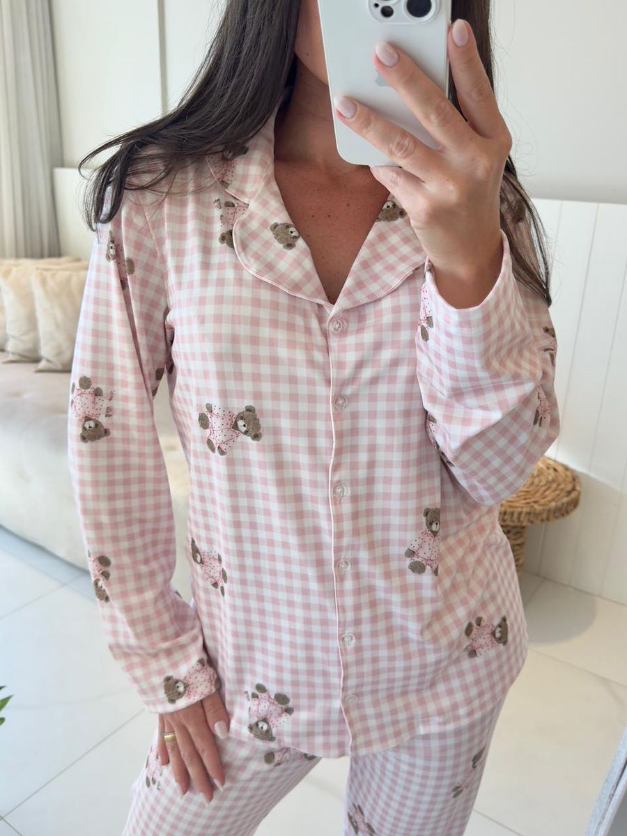Pijama Feminino Americano Longo Vichy Ursos Rosa 6