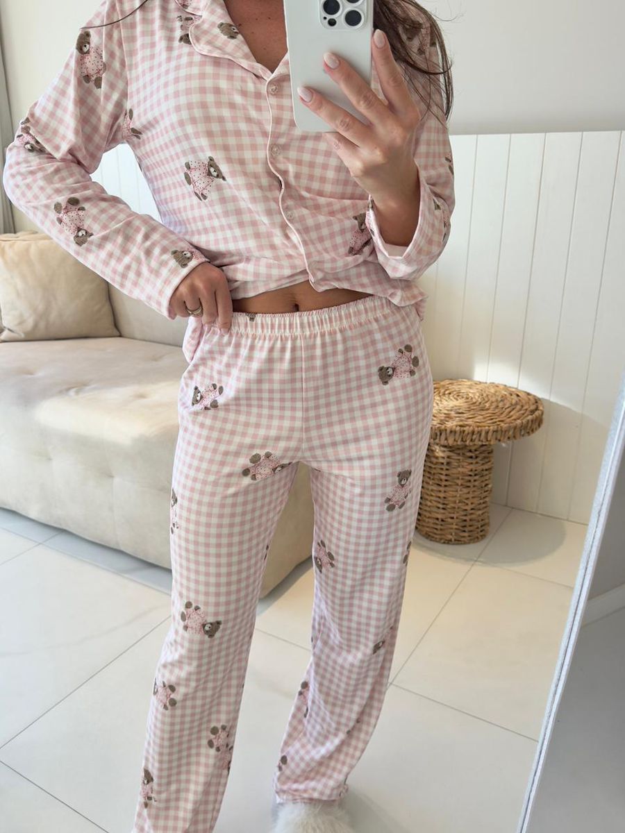 Pijama Feminino Americano Longo Vichy Ursos Rosa 7