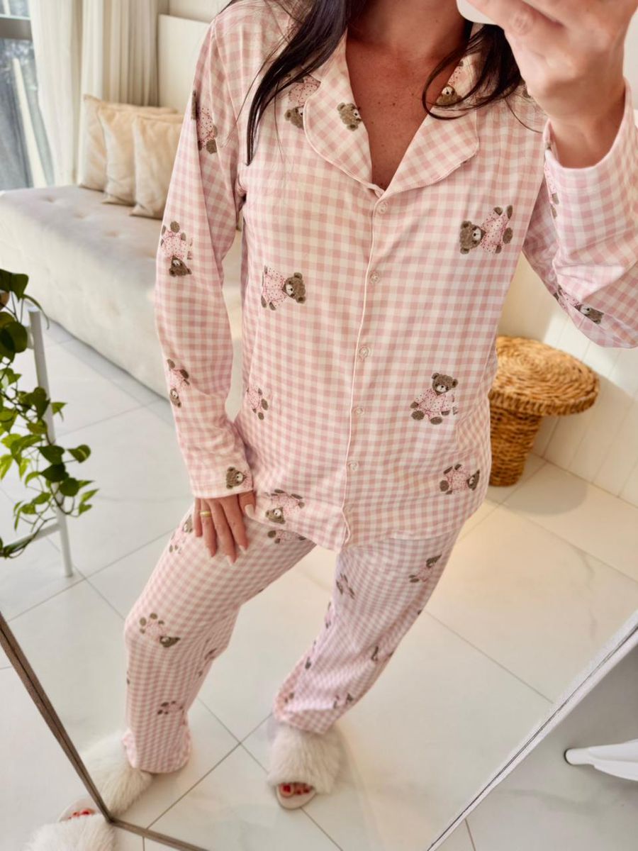 Pijama Feminino Americano Longo Vichy Ursos Rosa 2
