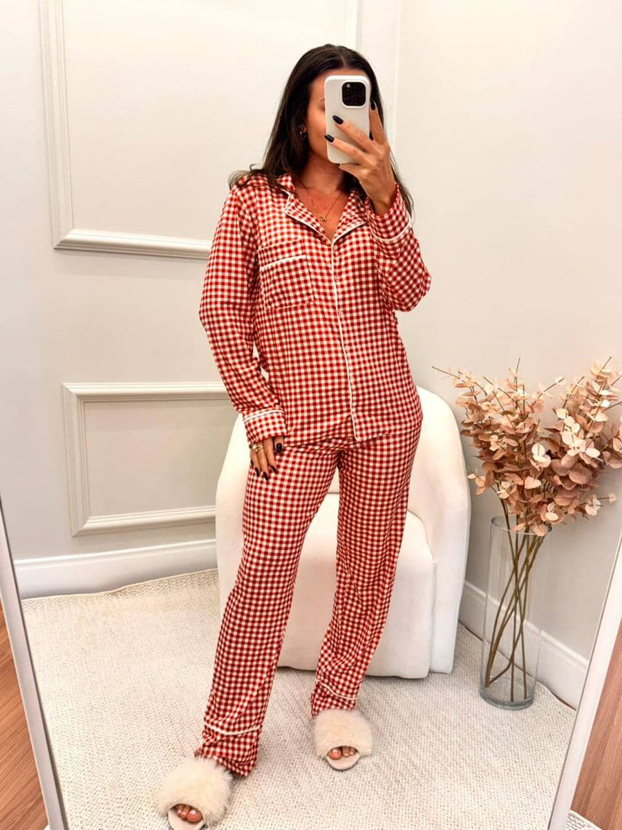 Pijama Feminino Americano Longo Vichy Vermelho 5