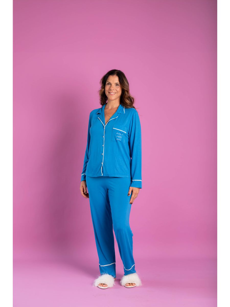 Pijama Feminino Americano Longo Viscose Azul