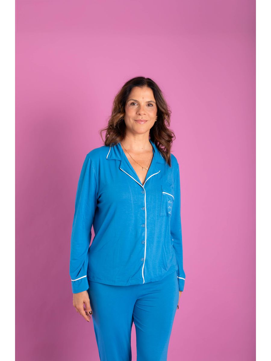 Pijama Feminino Americano Longo Viscose Azul