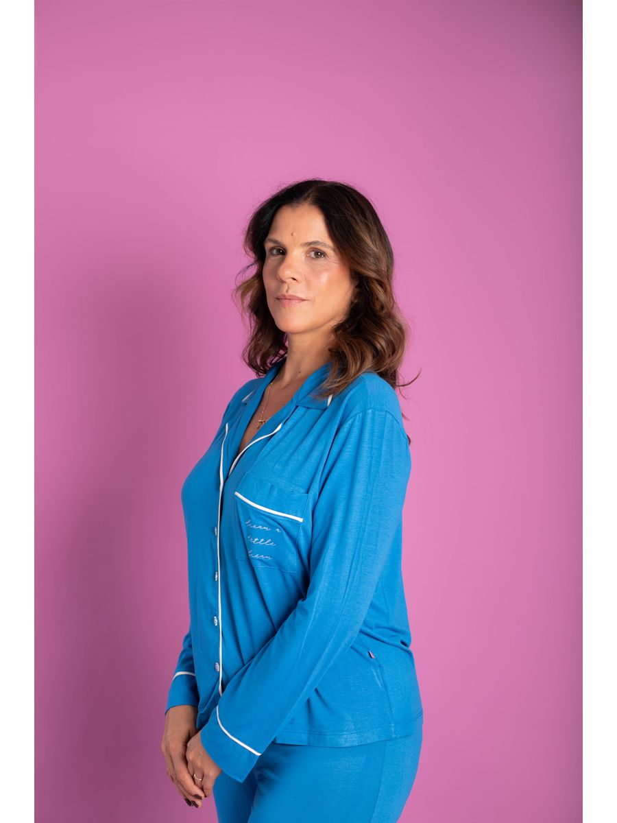 Pijama Feminino Americano Longo Viscose Azul
