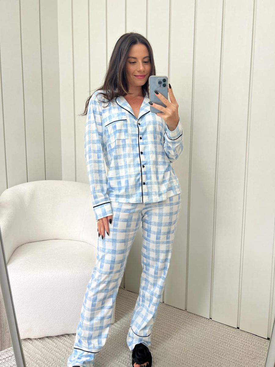 Pijama Feminino Americano Longo Xadrez Azul