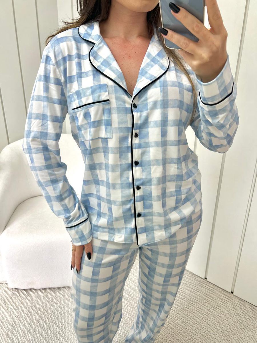 Pijama Feminino Americano Longo Xadrez Azul