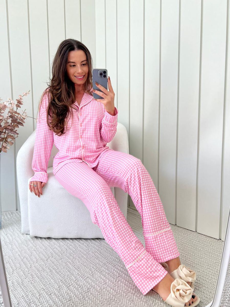 Pijama Feminino Americano Longo Xadrez Branco e Rosa