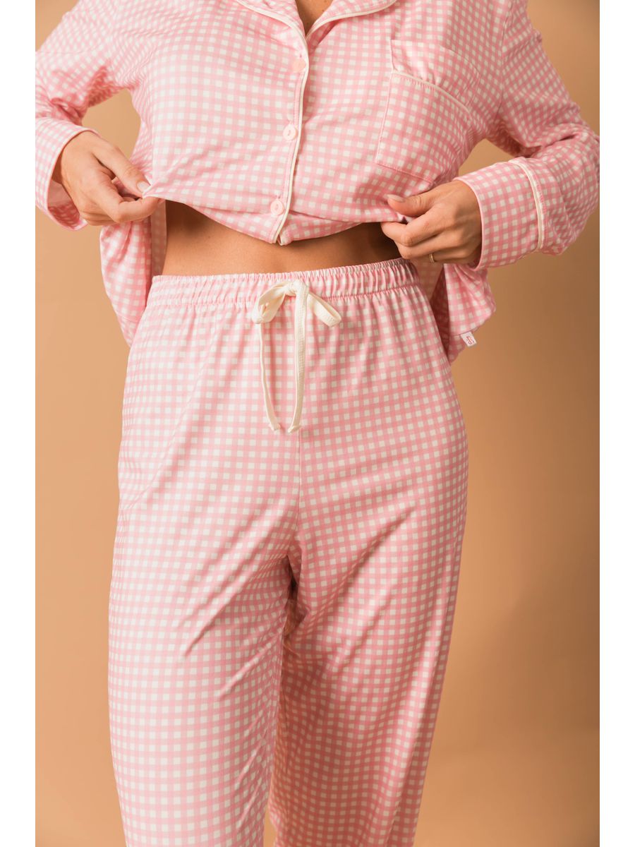 Pijama Feminino Americano Longo Xadrez Branco e Rosa
