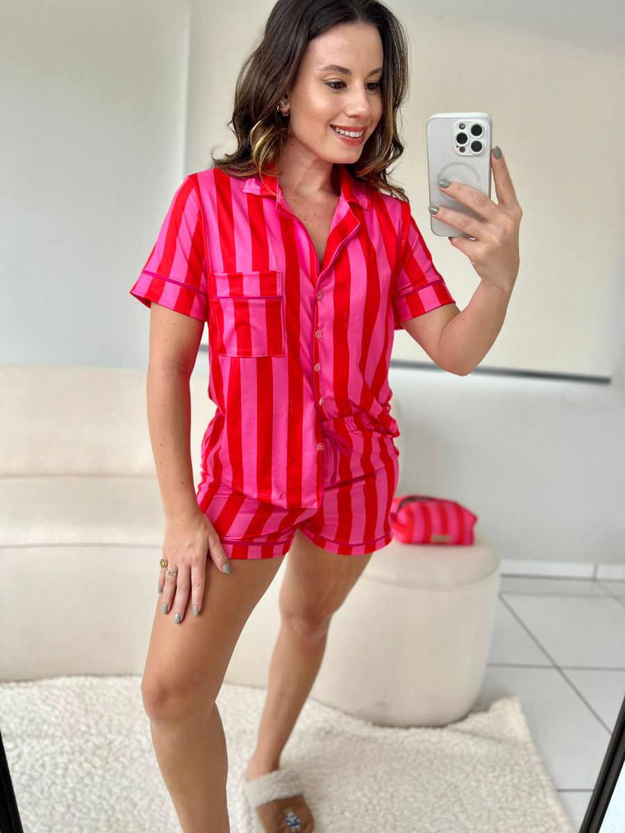 Pijama Feminino Americano Curto Listras Pink e Laranja
