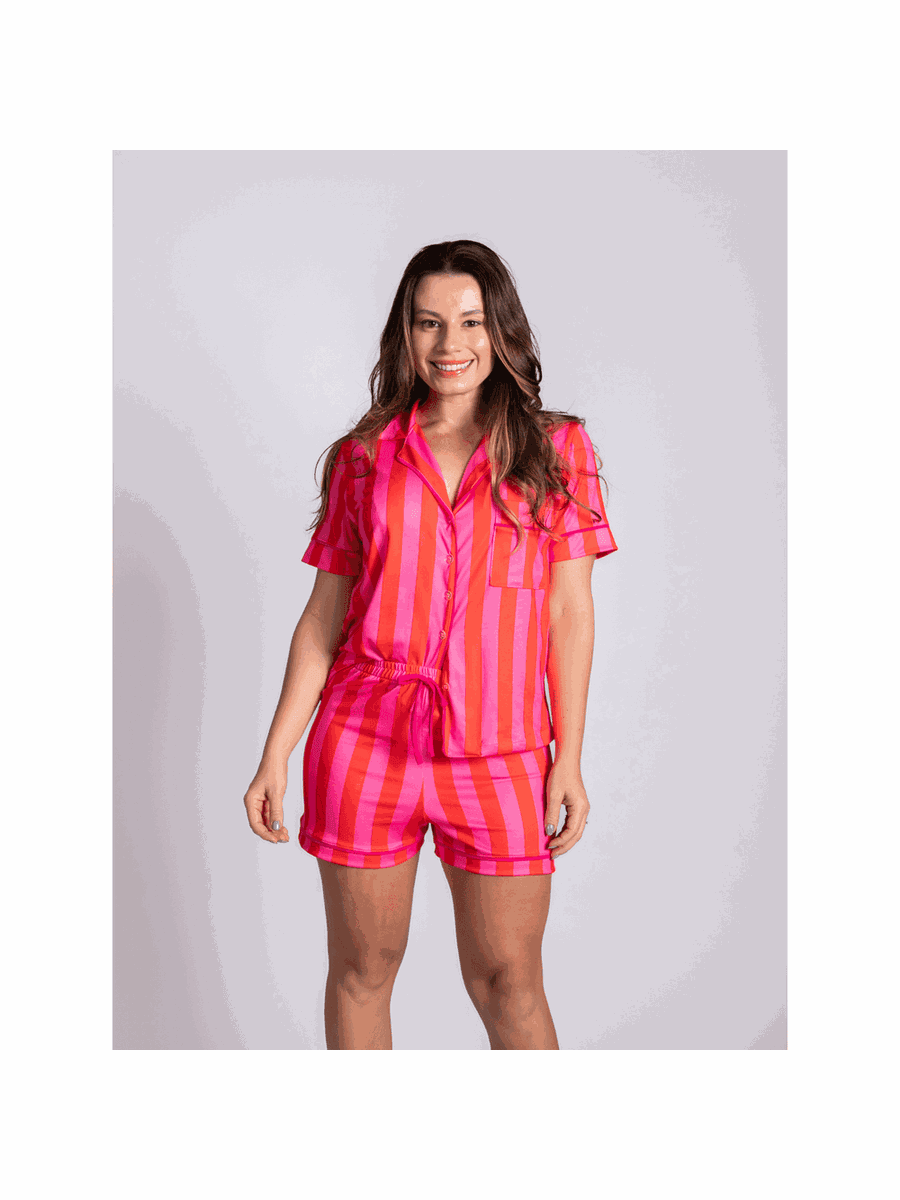 Pijama Feminino Americano Curto Listras Pink e Laranja