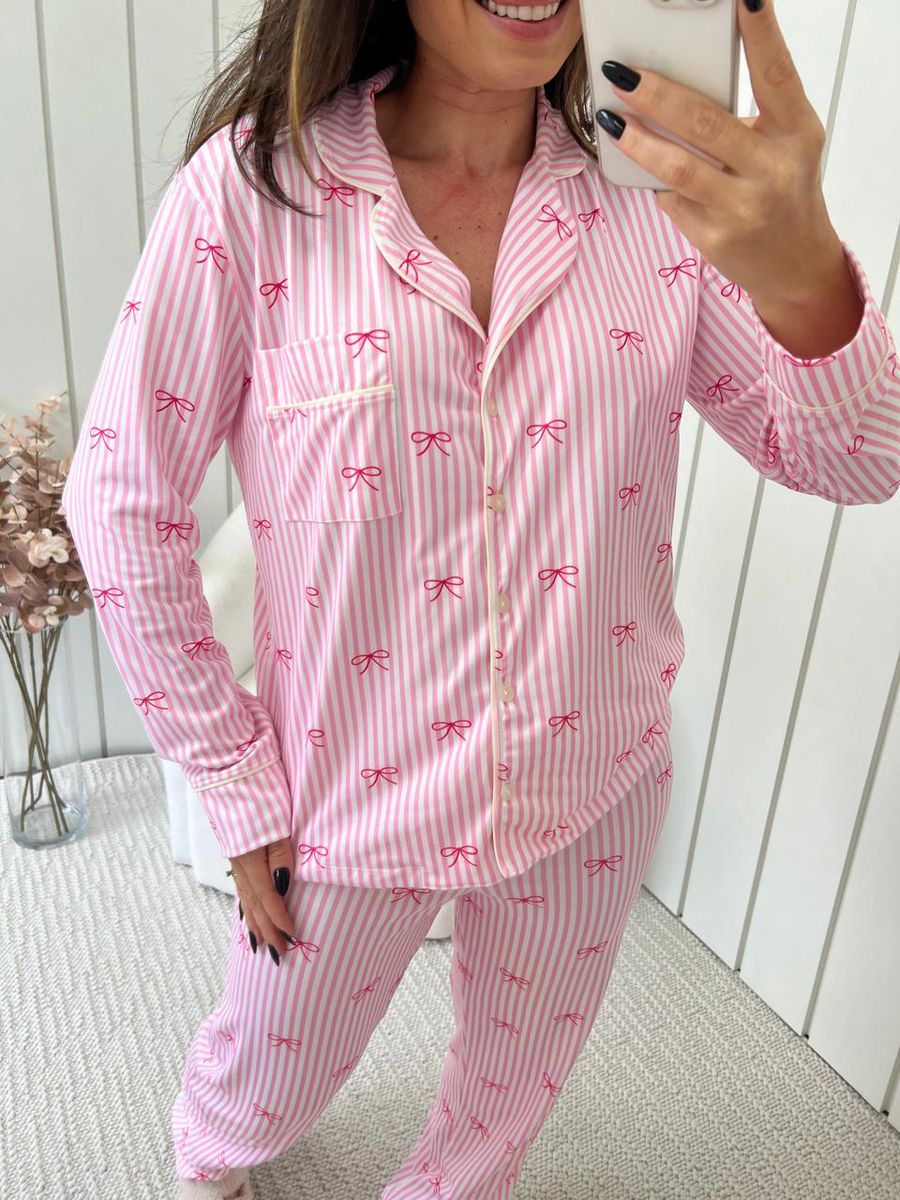 Pijama Feminino Americano Longo Laços Rosa