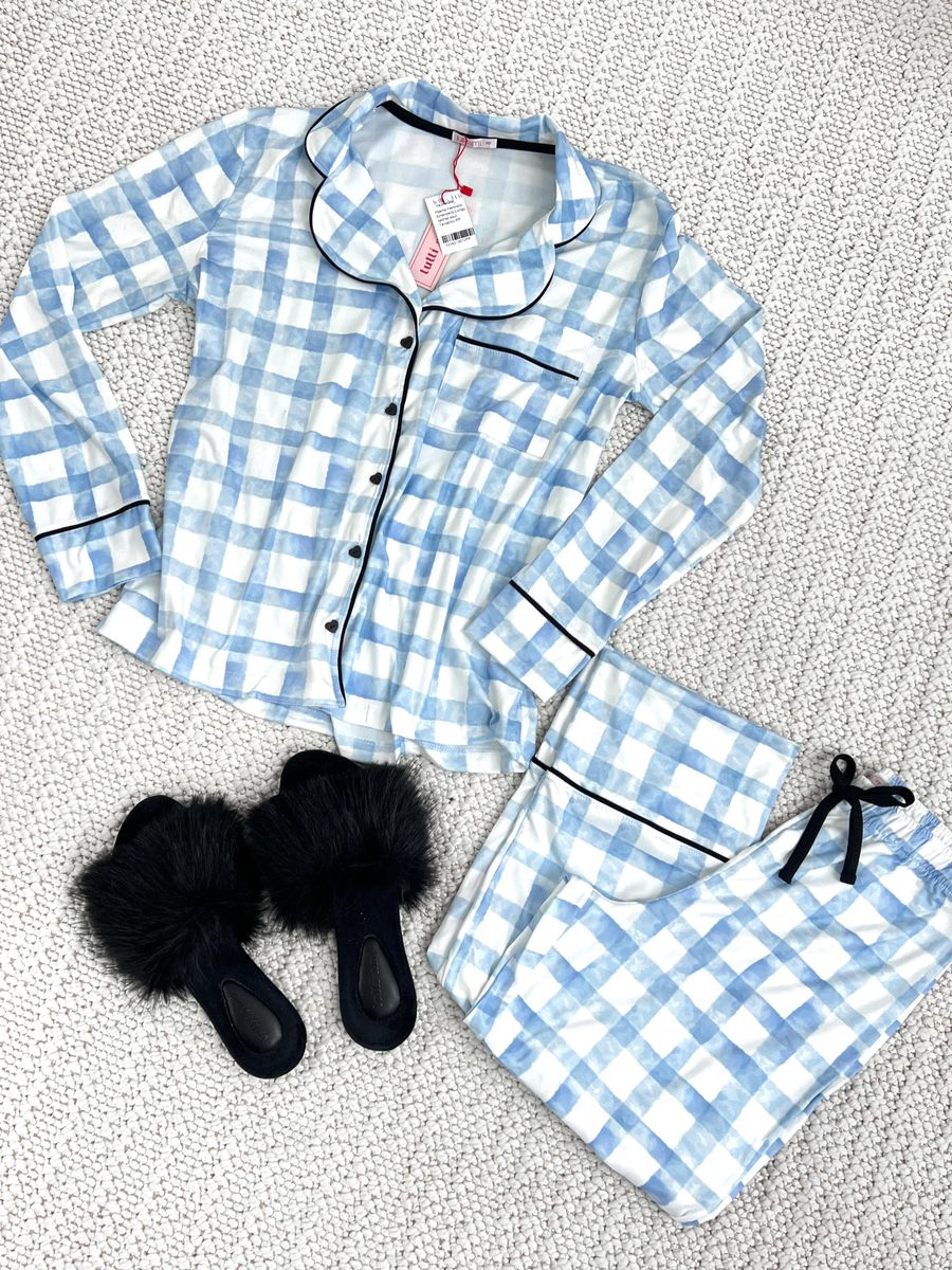Pijama Feminino Americano Longo Xadrez Azul